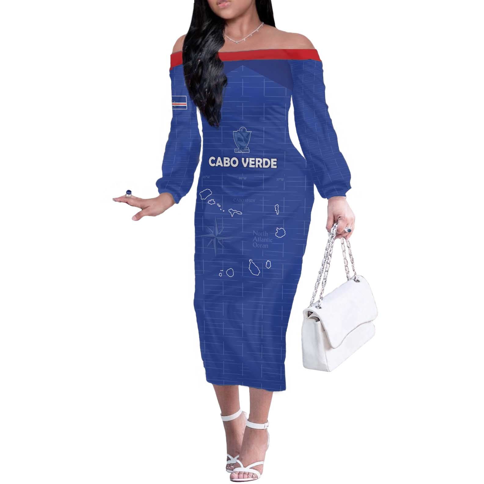 Custom Cape Verde Football Off The Shoulder Long Sleeve Dress Come On Tubaroes Azuis - Blue - Wonder Print Shop