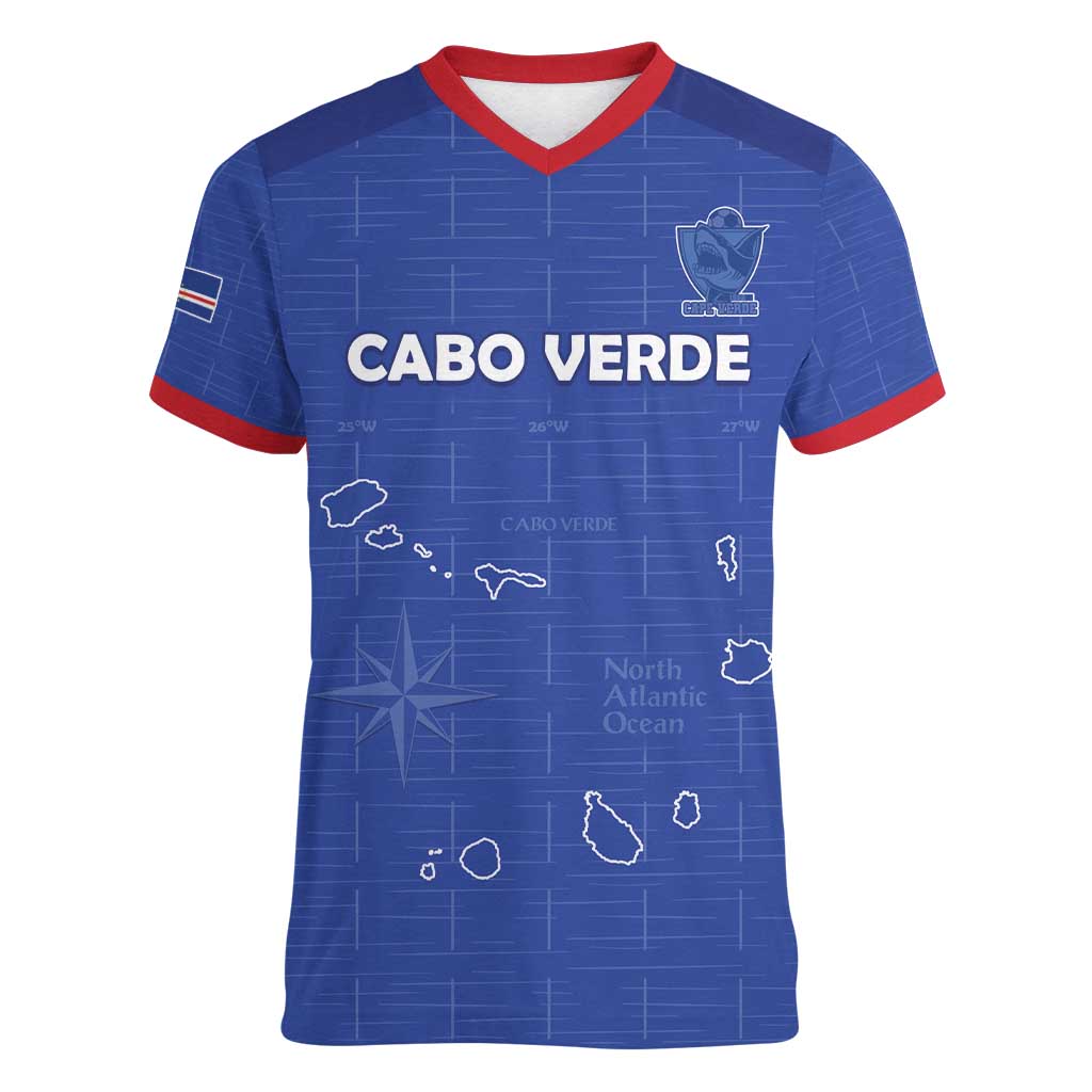 Custom Cape Verde Football Women V-Neck T-Shirt Come On Tubaroes Azuis - Blue - Wonder Print Shop