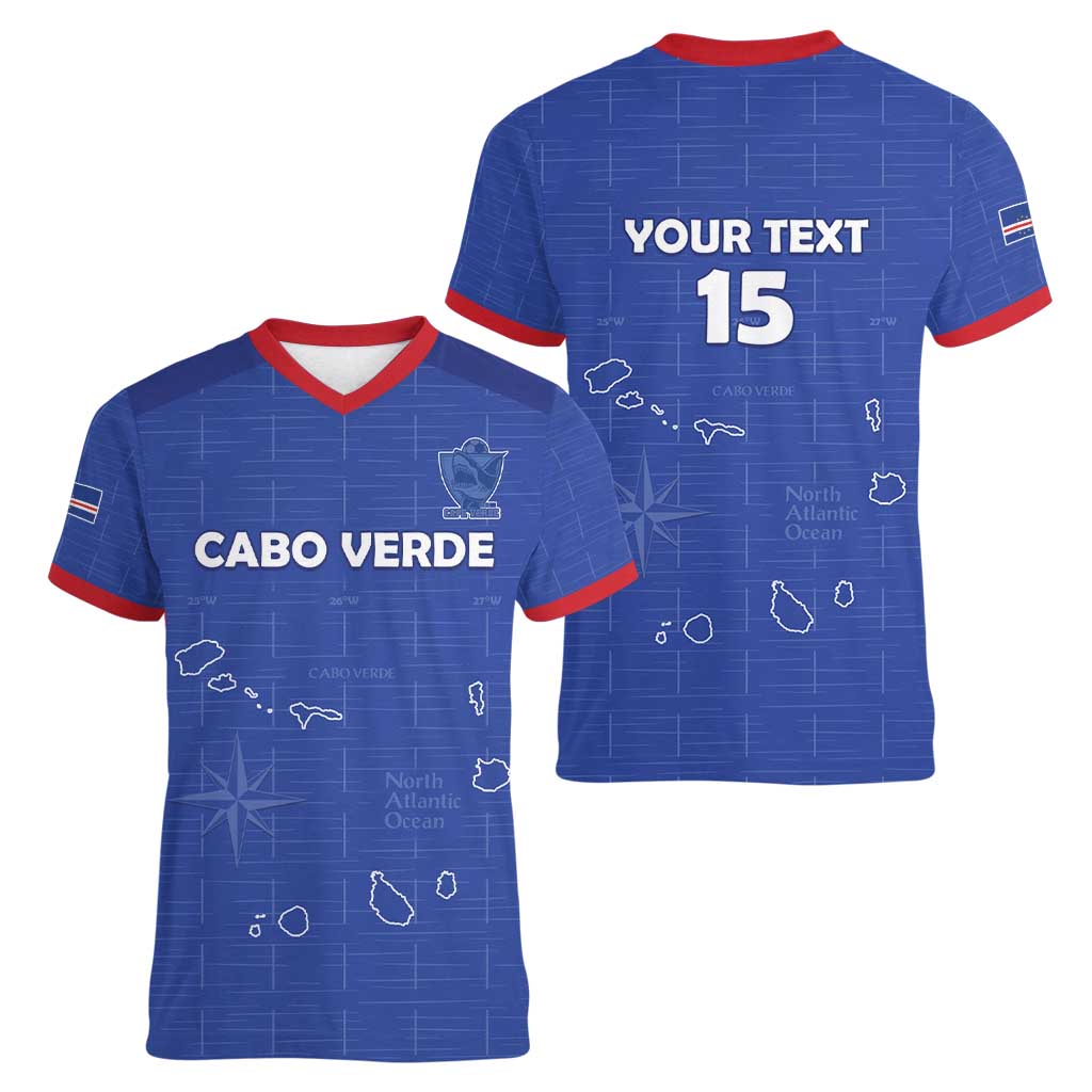 Custom Cape Verde Football Women V-Neck T-Shirt Come On Tubaroes Azuis - Blue - Wonder Print Shop