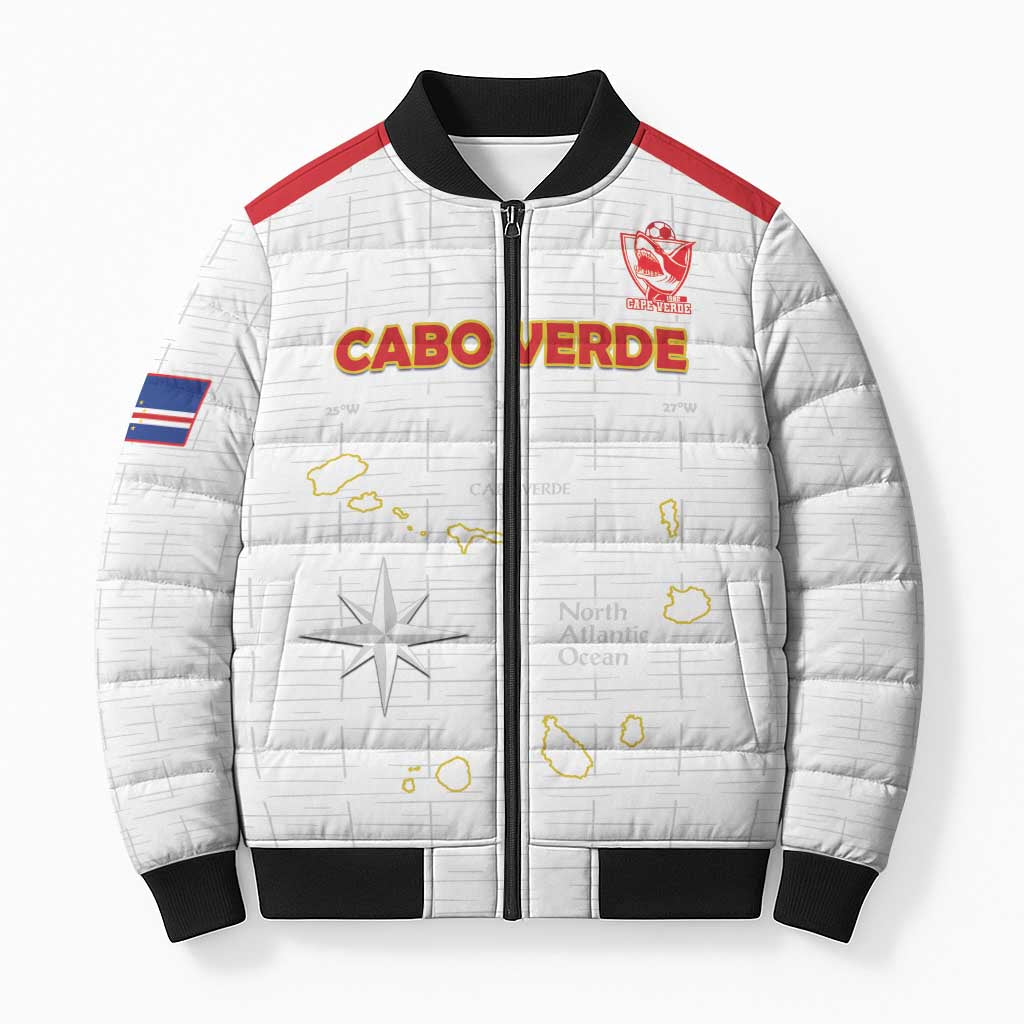 Custom Cape Verde Football Bomber Puffer Jacket Come On Tubaroes Azuis - White - Wonder Print Shop