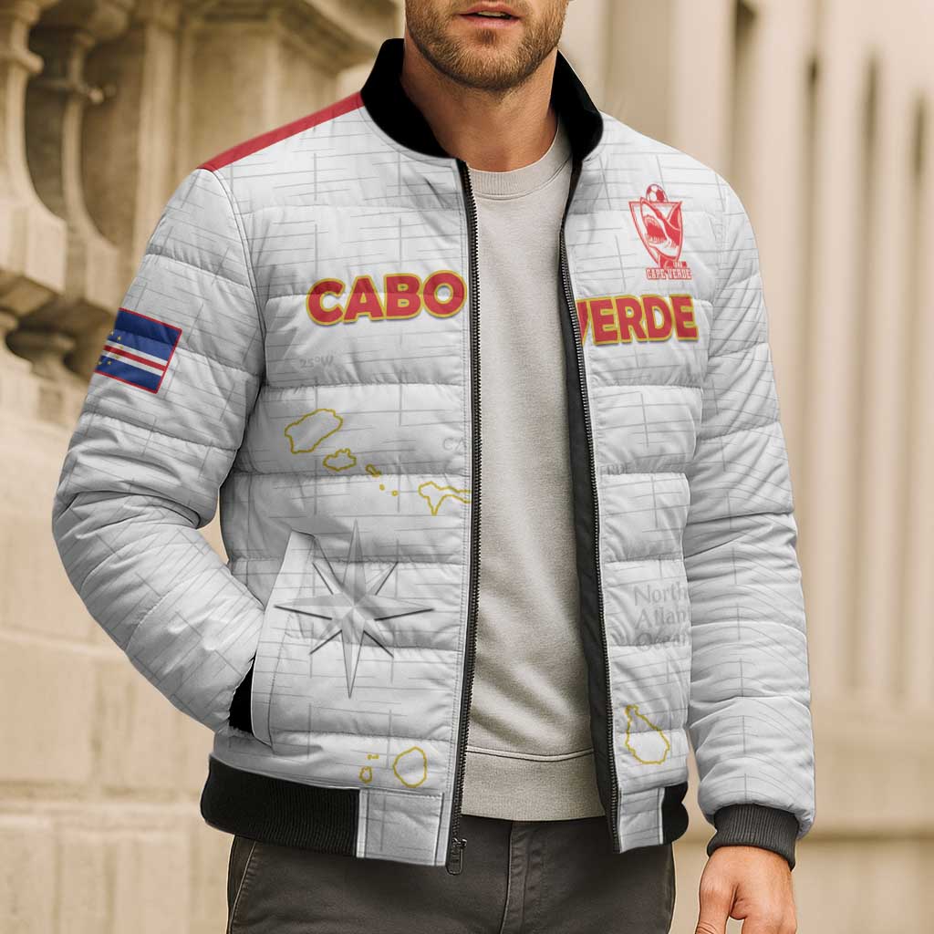 Custom Cape Verde Football Bomber Puffer Jacket Come On Tubaroes Azuis - White - Wonder Print Shop