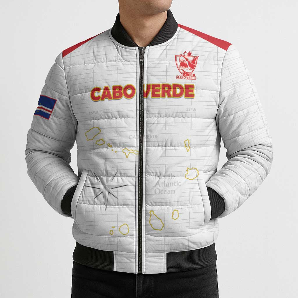 Custom Cape Verde Football Bomber Puffer Jacket Come On Tubaroes Azuis - White - Wonder Print Shop
