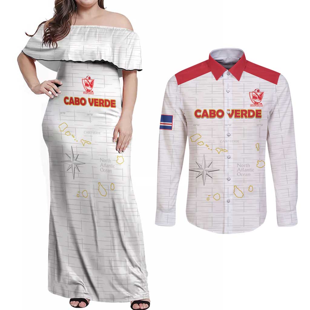 Custom Cape Verde Football Couples Matching Off Shoulder Maxi Dress and Long Sleeve Button Shirt Come On Tubaroes Azuis - White - Wonder Print Shop