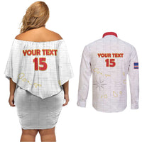 Custom Cape Verde Football Couples Matching Off Shoulder Short Dress and Long Sleeve Button Shirt Come On Tubaroes Azuis - White - Wonder Print Shop