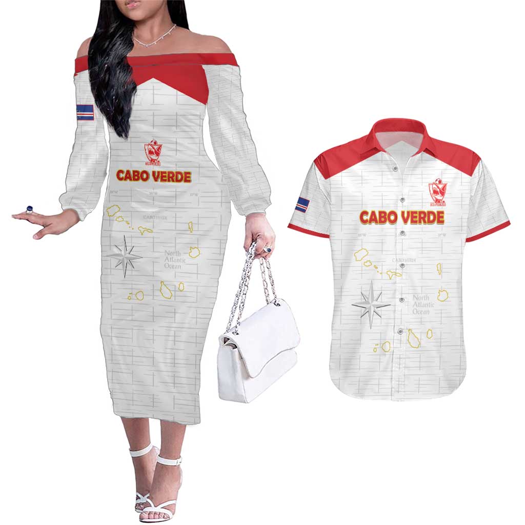 Custom Cape Verde Football Couples Matching Off The Shoulder Long Sleeve Dress and Hawaiian Shirt Come On Tubaroes Azuis - White - Wonder Print Shop