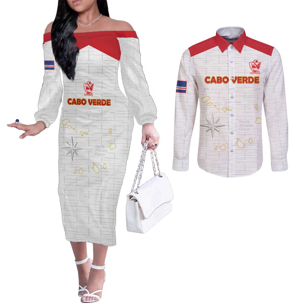 Custom Cape Verde Football Couples Matching Off The Shoulder Long Sleeve Dress and Long Sleeve Button Shirt Come On Tubaroes Azuis - White - Wonder Print Shop