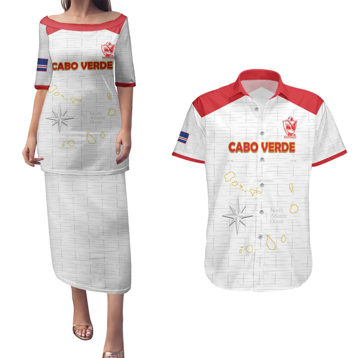 Custom Cape Verde Football Couples Matching Puletasi and Hawaiian Shirt Come On Tubaroes Azuis - White - Wonder Print Shop