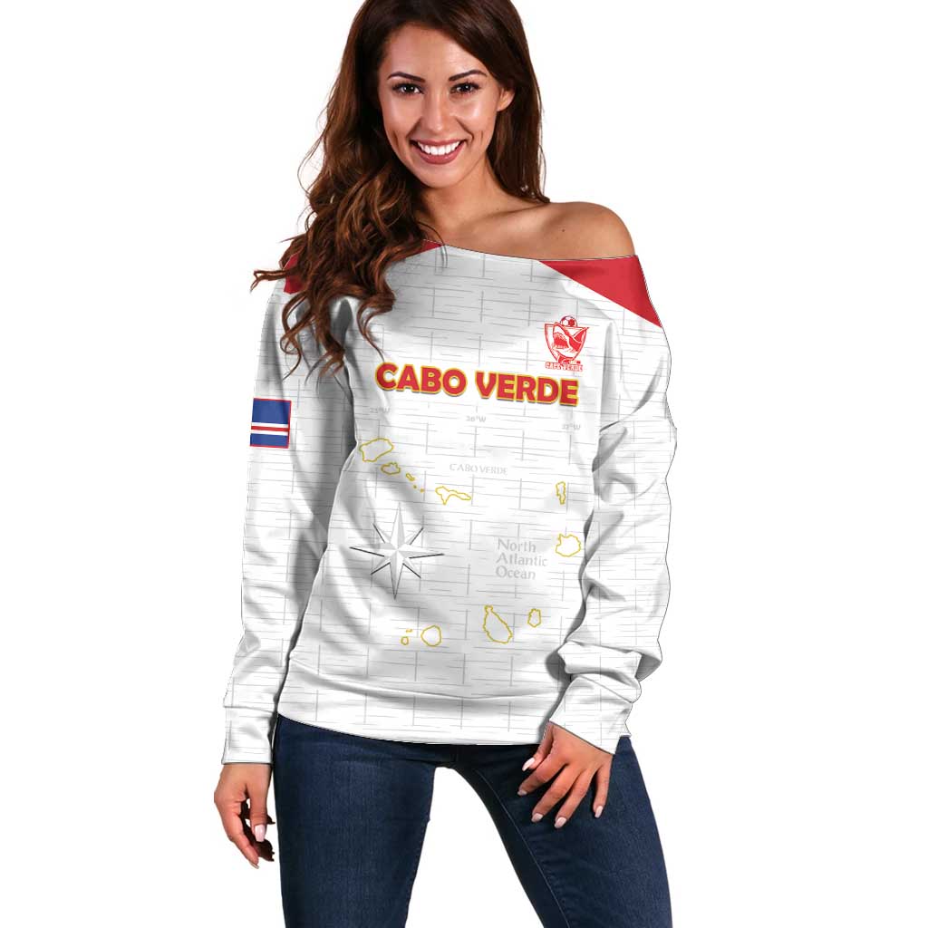 Custom Cape Verde Football Off Shoulder Sweater Come On Tubaroes Azuis - White - Wonder Print Shop