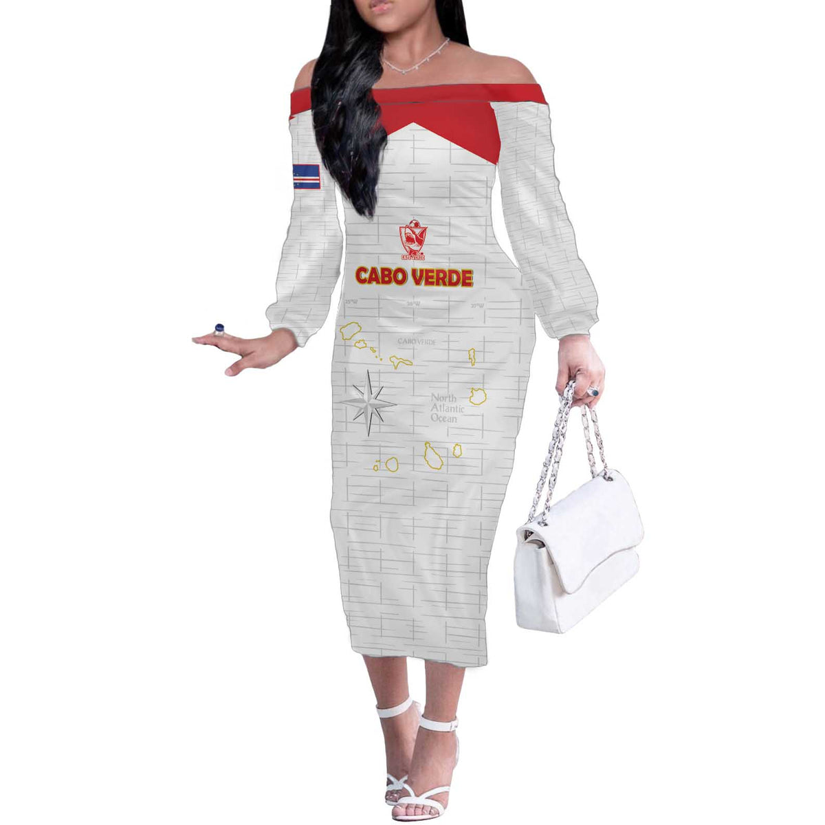 Custom Cape Verde Football Off The Shoulder Long Sleeve Dress Come On Tubaroes Azuis - White - Wonder Print Shop