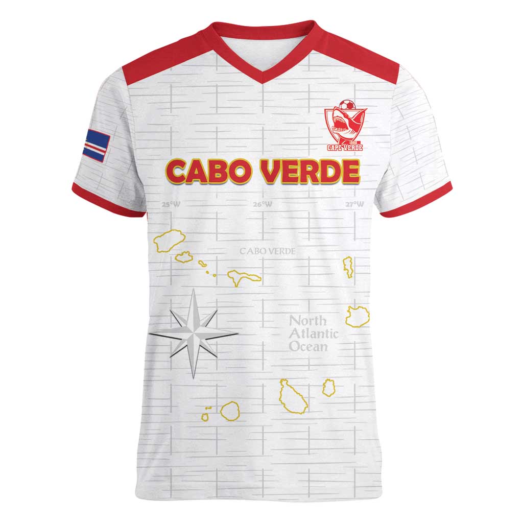 Custom Cape Verde Football Women V-Neck T-Shirt Come On Tubaroes Azuis - White - Wonder Print Shop