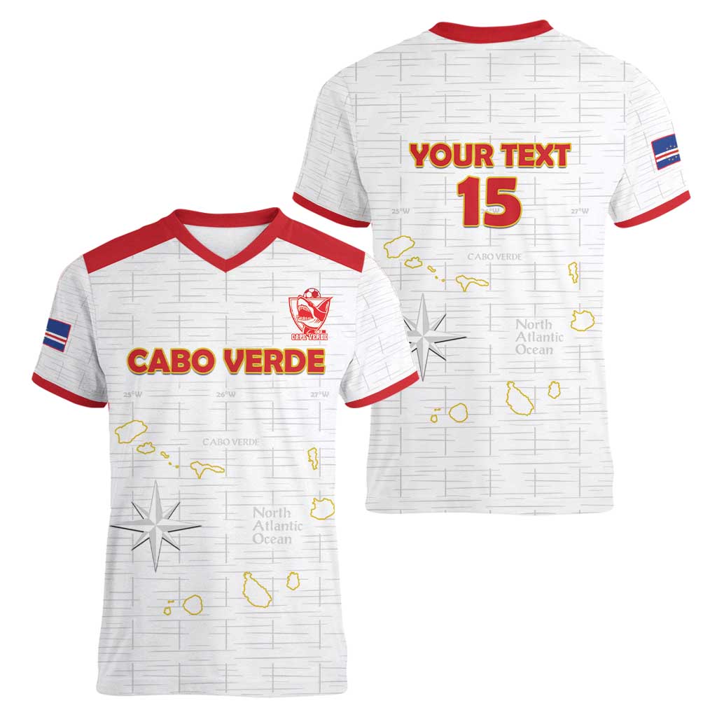 Custom Cape Verde Football Women V-Neck T-Shirt Come On Tubaroes Azuis - White - Wonder Print Shop