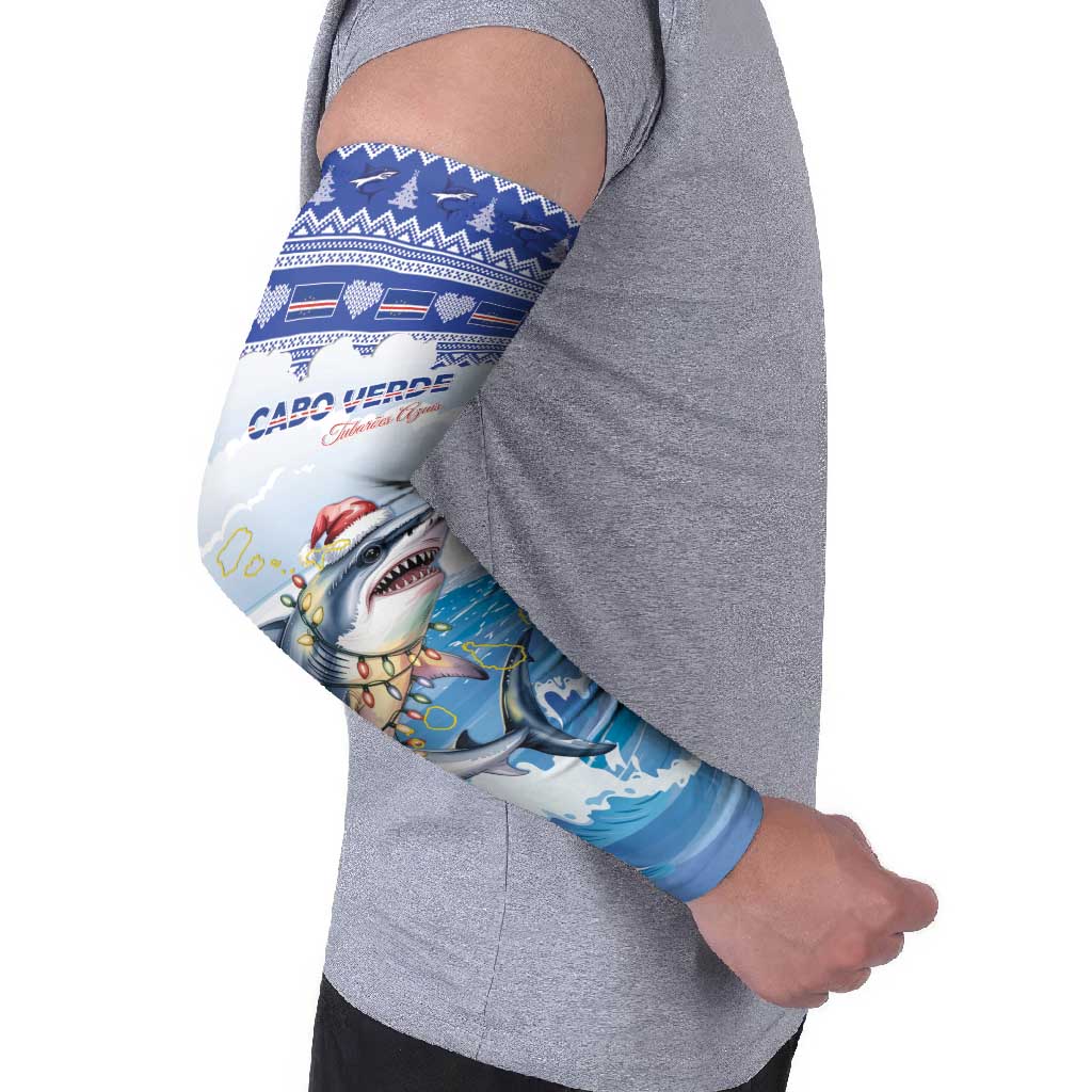 Personalized Cape Verde Football Christmas Arm Sleeves Feliz Natal Tubaroes Azuis - Wonder Print Shop