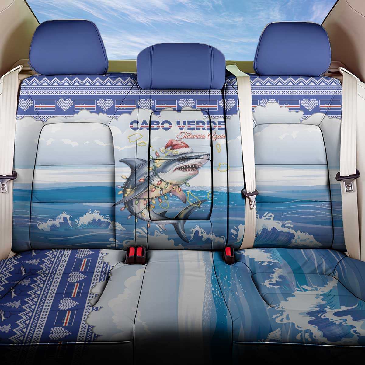 Cape Verde Football Christmas Back Car Seat Cover Feliz Natal Tubaroes Azuis - Wonder Print Shop