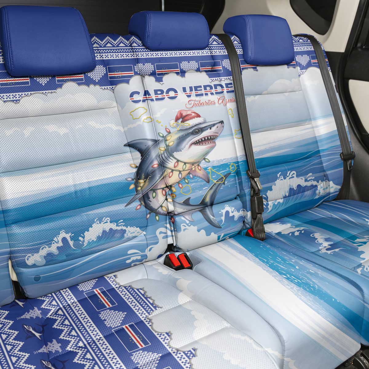 Cape Verde Football Christmas Back Car Seat Cover Feliz Natal Tubaroes Azuis - Wonder Print Shop