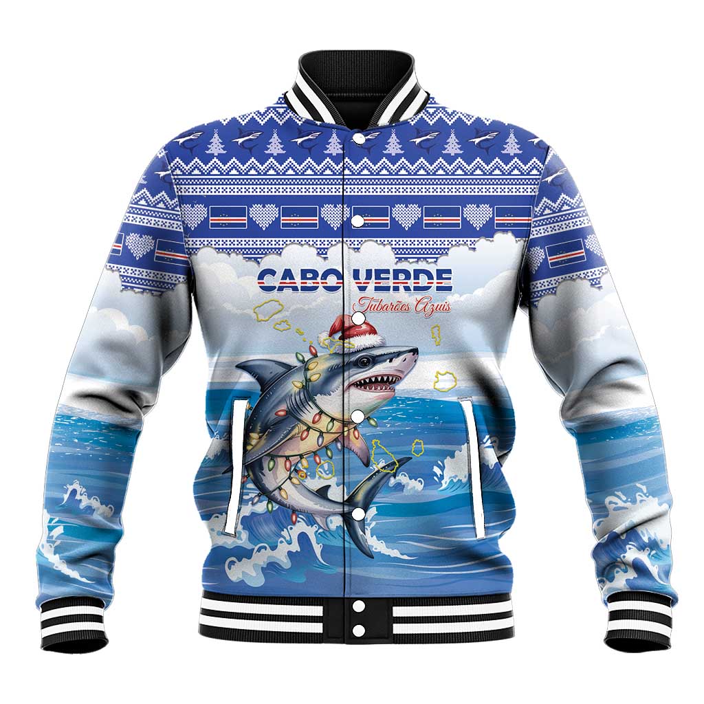 Personalized Cape Verde Football Christmas Baseball Jacket Feliz Natal Tubaroes Azuis - Wonder Print Shop