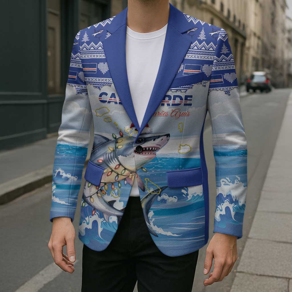 Personalized Cape Verde Football Christmas Blazer Feliz Natal Tubaroes Azuis - Wonder Print Shop