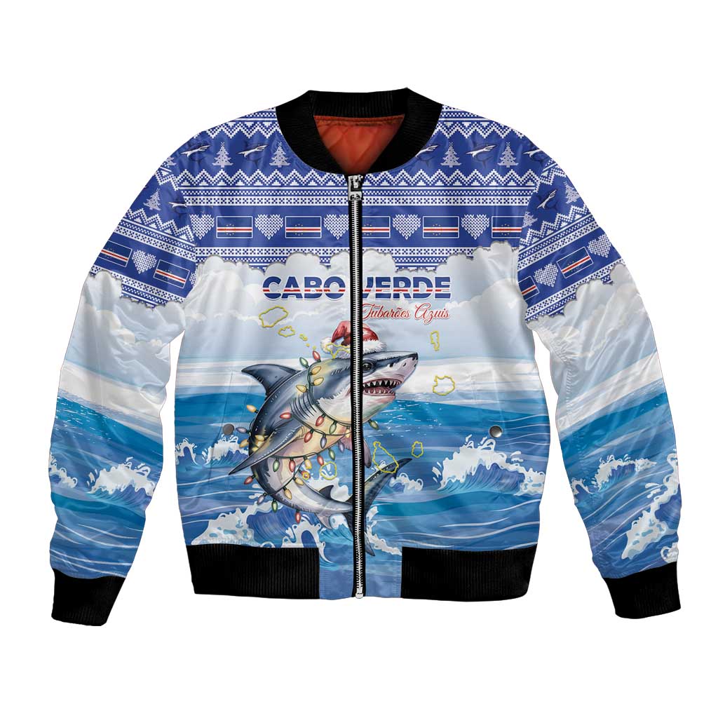 Personalized Cape Verde Football Christmas Bomber Jacket Feliz Natal Tubaroes Azuis - Wonder Print Shop