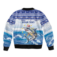 Personalized Cape Verde Football Christmas Bomber Jacket Feliz Natal Tubaroes Azuis - Wonder Print Shop