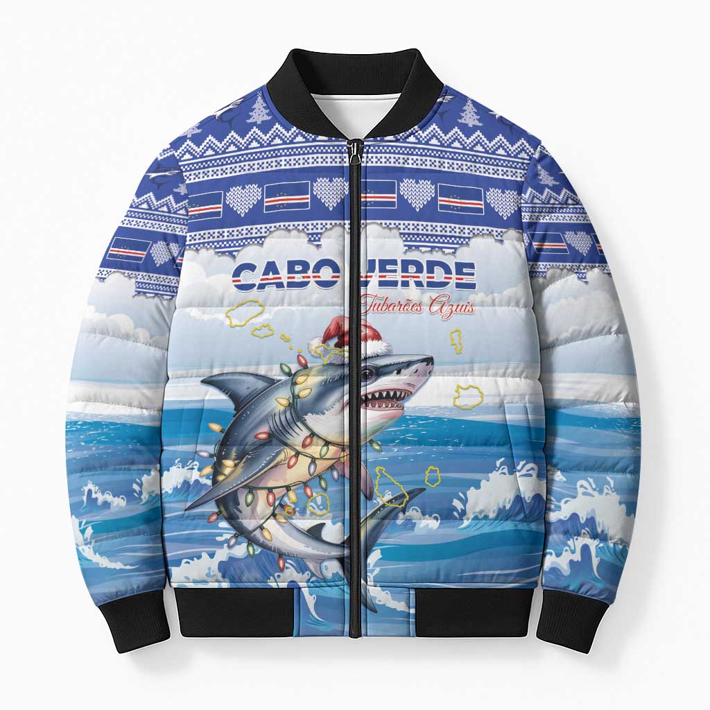 Personalized Cape Verde Football Christmas Bomber Puffer Jacket Feliz Natal Tubaroes Azuis - Wonder Print Shop