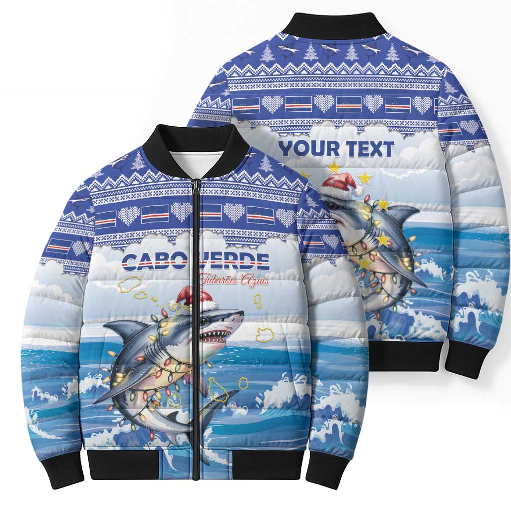 Personalized Cape Verde Football Christmas Bomber Puffer Jacket Feliz Natal Tubaroes Azuis - Wonder Print Shop