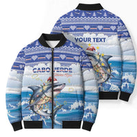 Personalized Cape Verde Football Christmas Bomber Puffer Jacket Feliz Natal Tubaroes Azuis - Wonder Print Shop