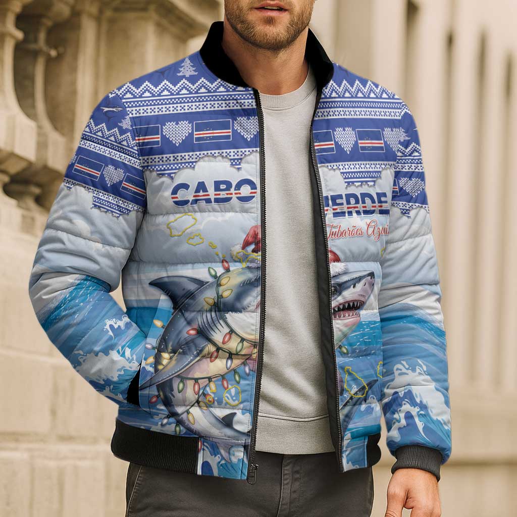 Personalized Cape Verde Football Christmas Bomber Puffer Jacket Feliz Natal Tubaroes Azuis - Wonder Print Shop