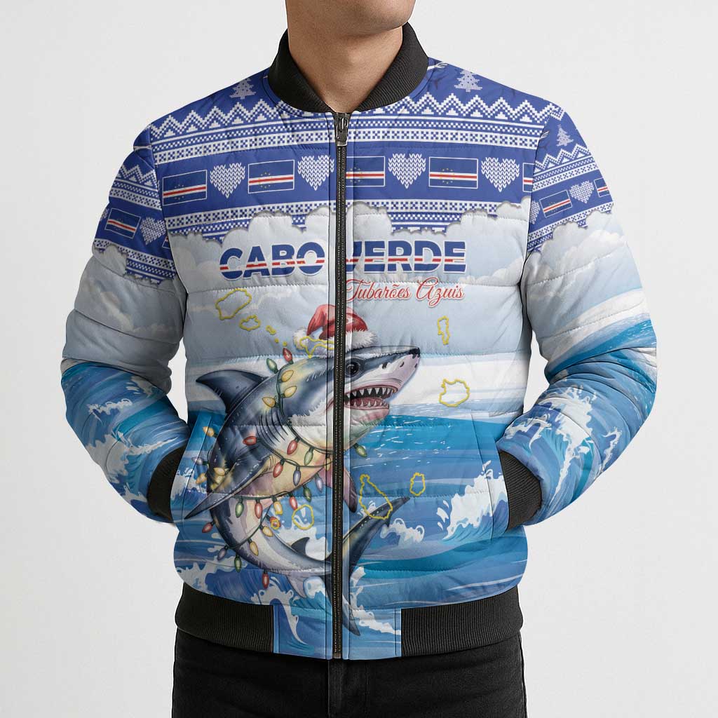 Personalized Cape Verde Football Christmas Bomber Puffer Jacket Feliz Natal Tubaroes Azuis - Wonder Print Shop
