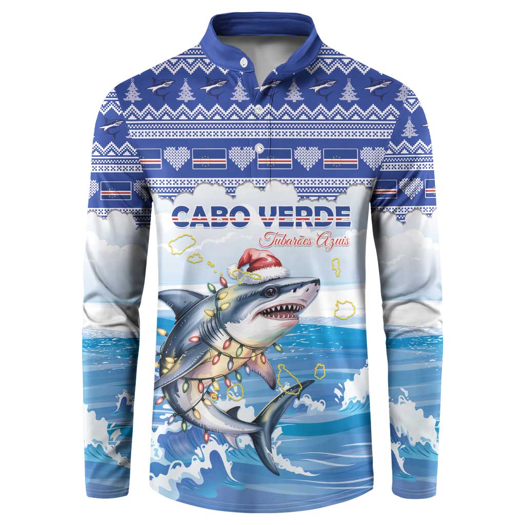 Personalized Cape Verde Football Christmas Button Sweatshirt Feliz Natal Tubaroes Azuis - Wonder Print Shop
