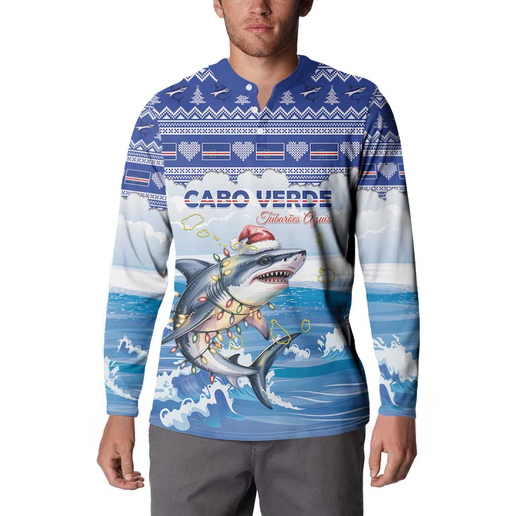 Personalized Cape Verde Football Christmas Button Sweatshirt Feliz Natal Tubaroes Azuis - Wonder Print Shop