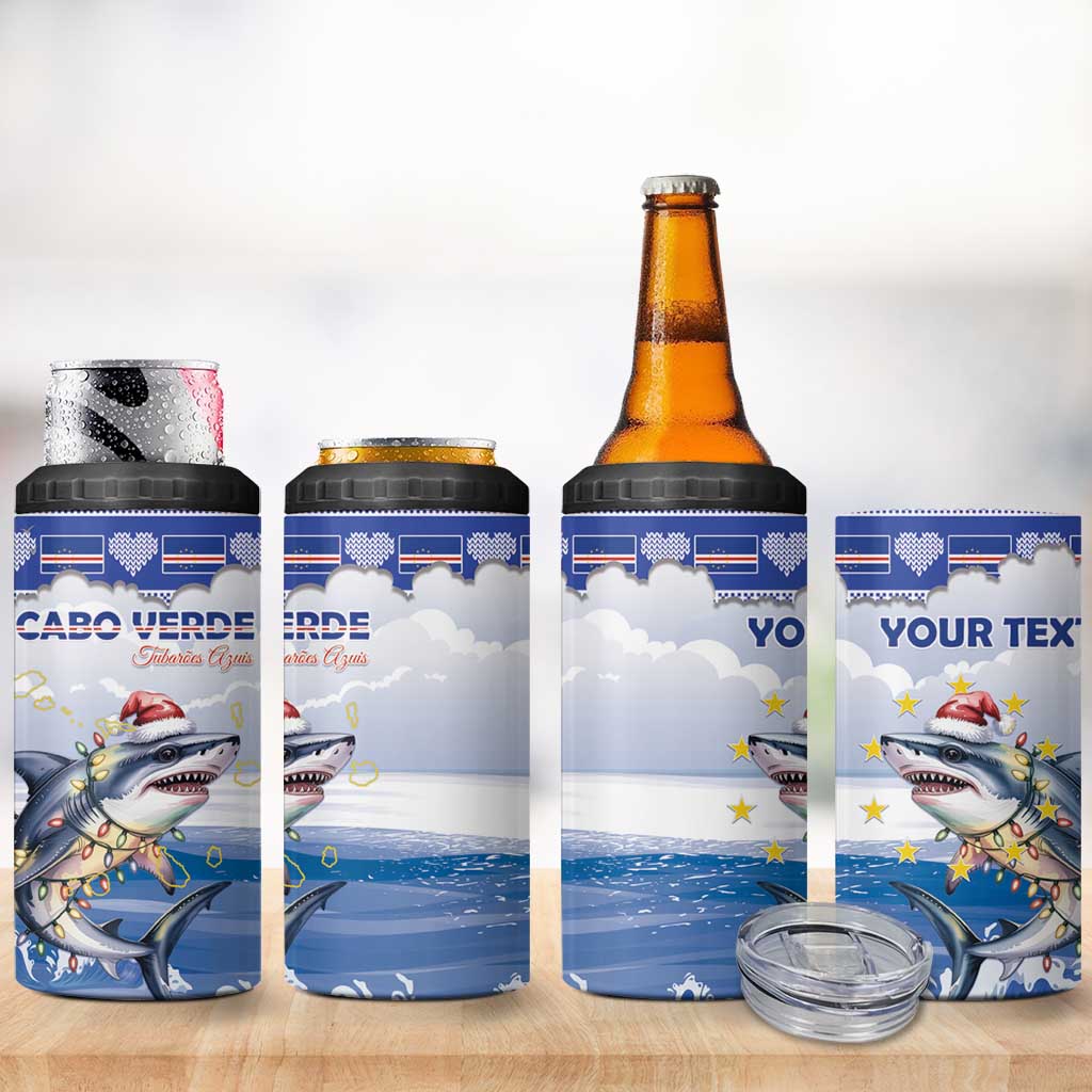 Personalized Cape Verde Football Christmas 4 in 1 Can Cooler Tumbler Feliz Natal Tubaroes Azuis - Wonder Print Shop