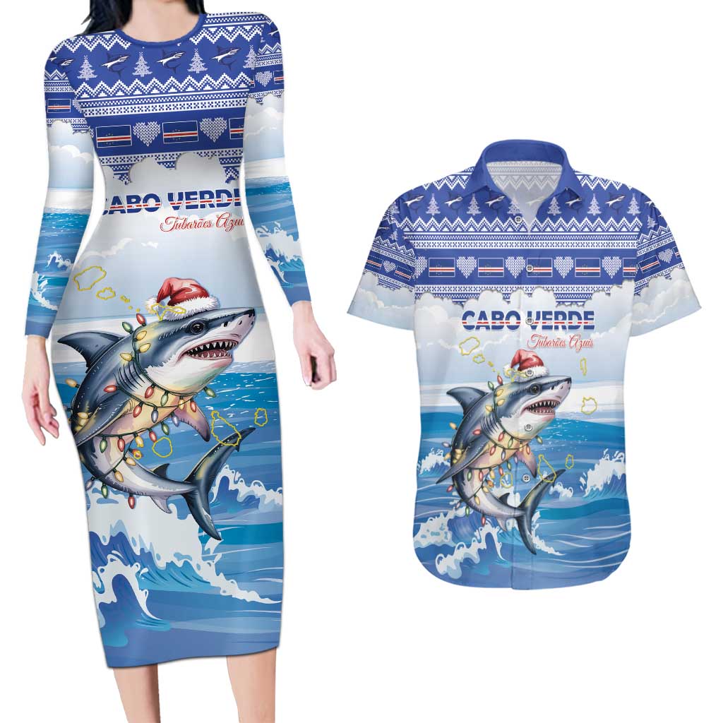 Personalized Cape Verde Football Christmas Couples Matching Long Sleeve Bodycon Dress and Hawaiian Shirt Feliz Natal Tubaroes Azuis - Wonder Print Shop