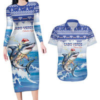 Personalized Cape Verde Football Christmas Couples Matching Long Sleeve Bodycon Dress and Hawaiian Shirt Feliz Natal Tubaroes Azuis - Wonder Print Shop