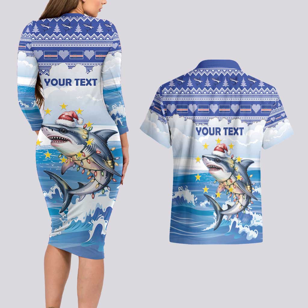 Personalized Cape Verde Football Christmas Couples Matching Long Sleeve Bodycon Dress and Hawaiian Shirt Feliz Natal Tubaroes Azuis - Wonder Print Shop