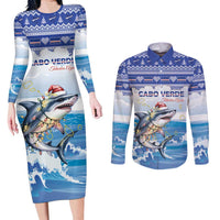 Personalized Cape Verde Football Christmas Couples Matching Long Sleeve Bodycon Dress and Long Sleeve Button Shirt Feliz Natal Tubaroes Azuis - Wonder Print Shop
