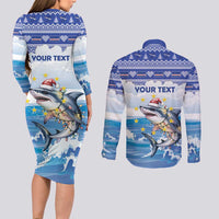 Personalized Cape Verde Football Christmas Couples Matching Long Sleeve Bodycon Dress and Long Sleeve Button Shirt Feliz Natal Tubaroes Azuis - Wonder Print Shop