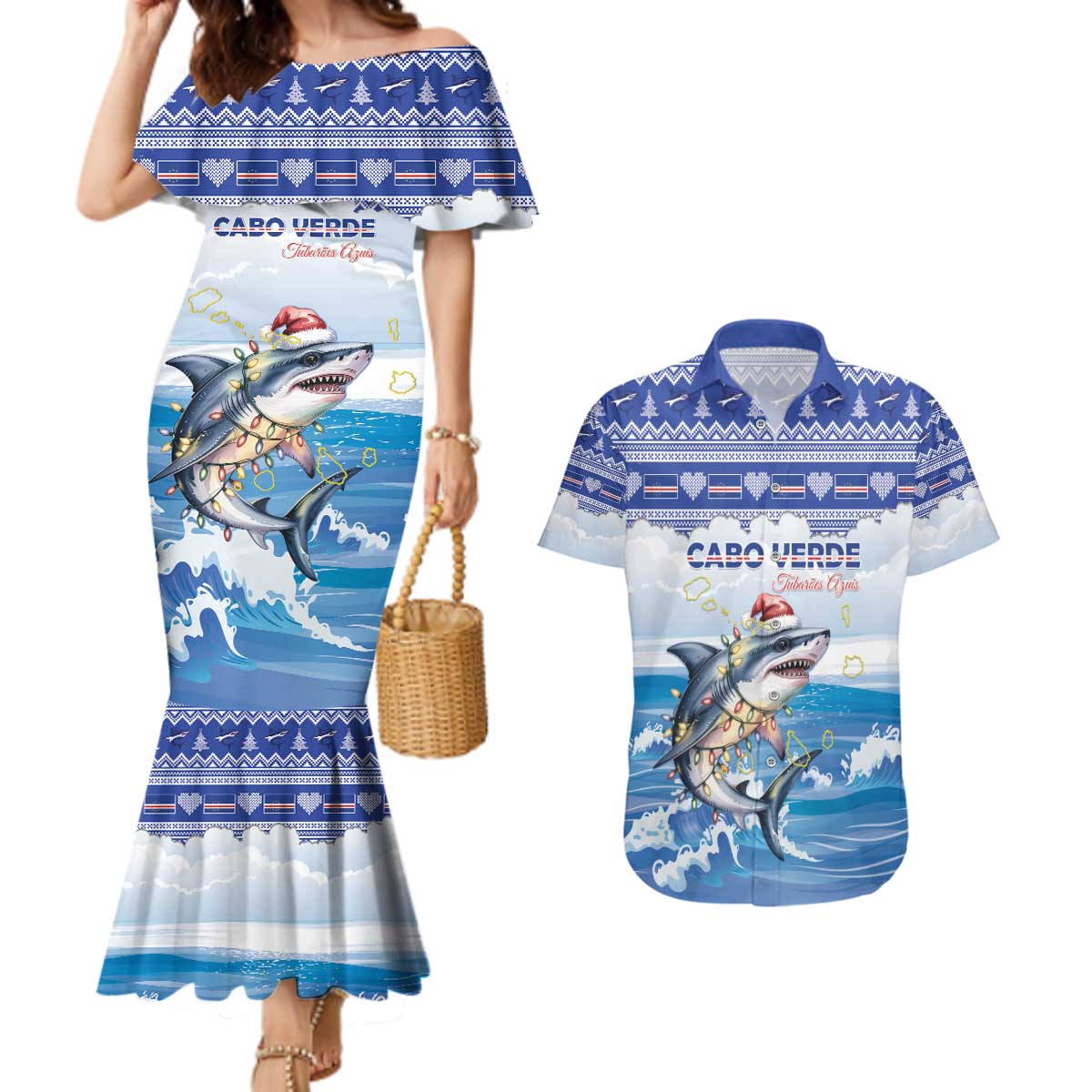 Personalized Cape Verde Football Christmas Couples Matching Mermaid Dress and Hawaiian Shirt Feliz Natal Tubaroes Azuis - Wonder Print Shop