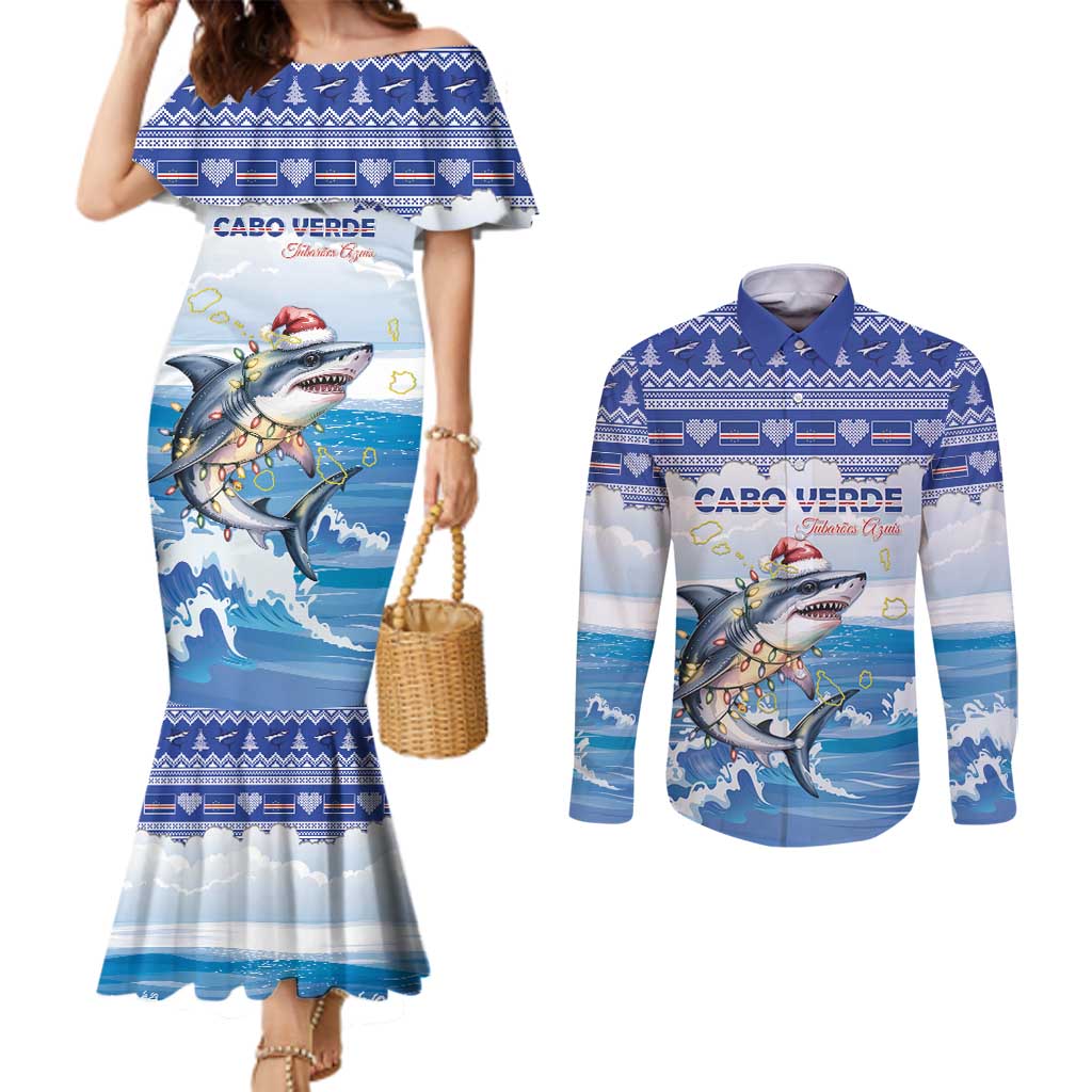 Personalized Cape Verde Football Christmas Couples Matching Mermaid Dress and Long Sleeve Button Shirt Feliz Natal Tubaroes Azuis - Wonder Print Shop