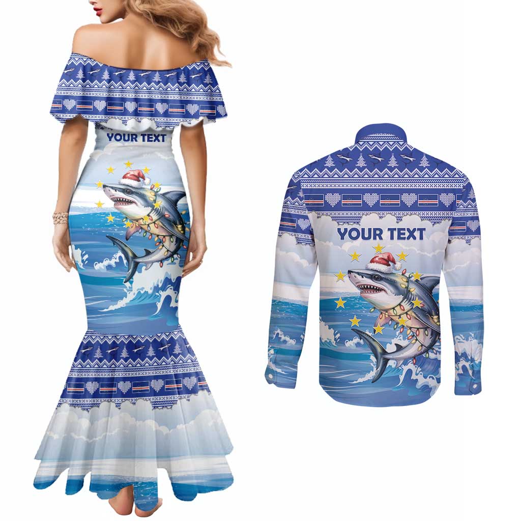 Personalized Cape Verde Football Christmas Couples Matching Mermaid Dress and Long Sleeve Button Shirt Feliz Natal Tubaroes Azuis - Wonder Print Shop