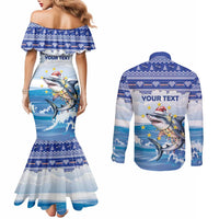 Personalized Cape Verde Football Christmas Couples Matching Mermaid Dress and Long Sleeve Button Shirt Feliz Natal Tubaroes Azuis - Wonder Print Shop