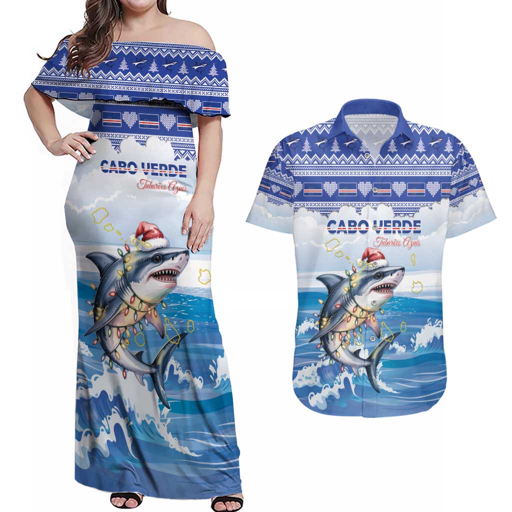 Personalized Cape Verde Football Christmas Couples Matching Off Shoulder Maxi Dress and Hawaiian Shirt Feliz Natal Tubaroes Azuis - Wonder Print Shop