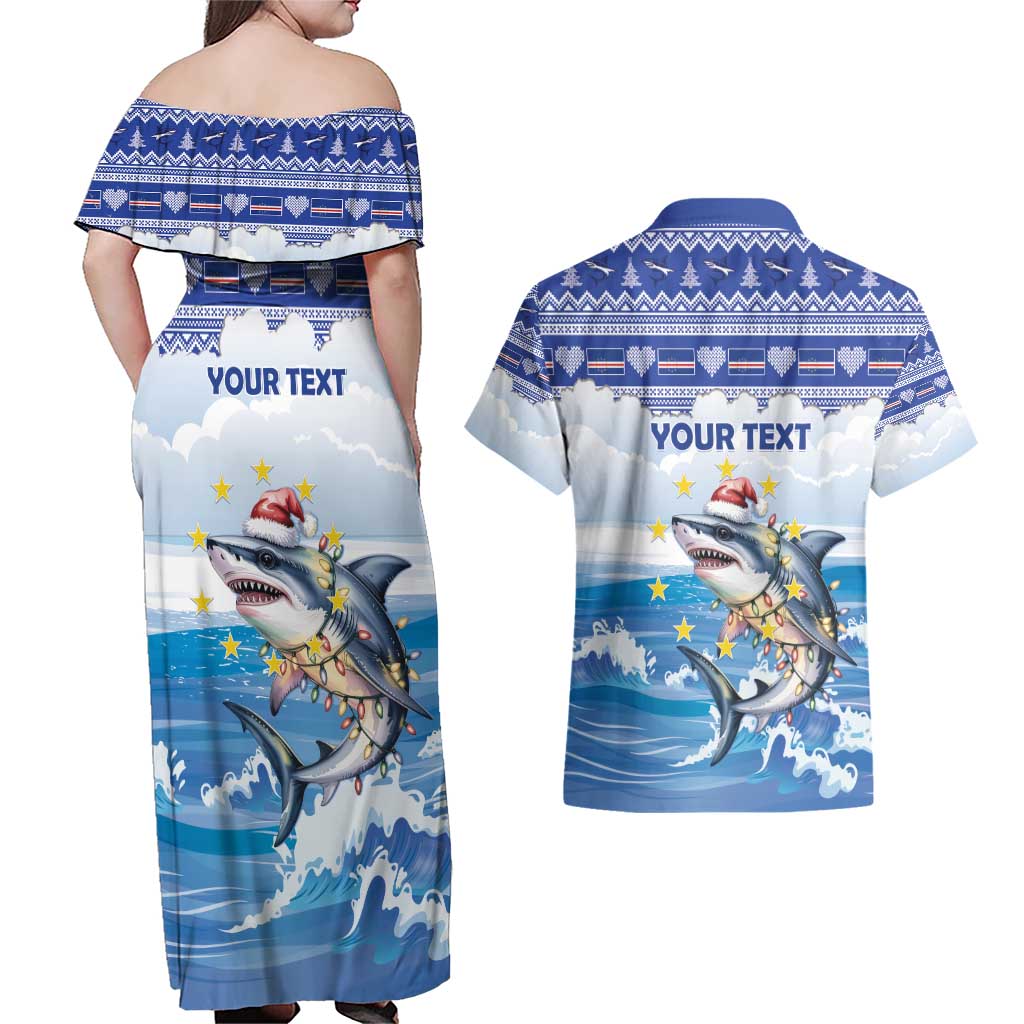 Personalized Cape Verde Football Christmas Couples Matching Off Shoulder Maxi Dress and Hawaiian Shirt Feliz Natal Tubaroes Azuis - Wonder Print Shop