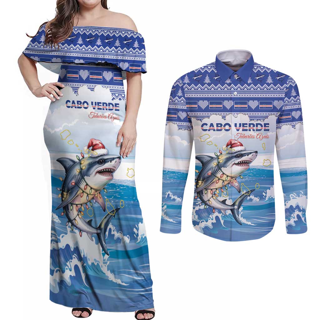 Personalized Cape Verde Football Christmas Couples Matching Off Shoulder Maxi Dress and Long Sleeve Button Shirt Feliz Natal Tubaroes Azuis - Wonder Print Shop