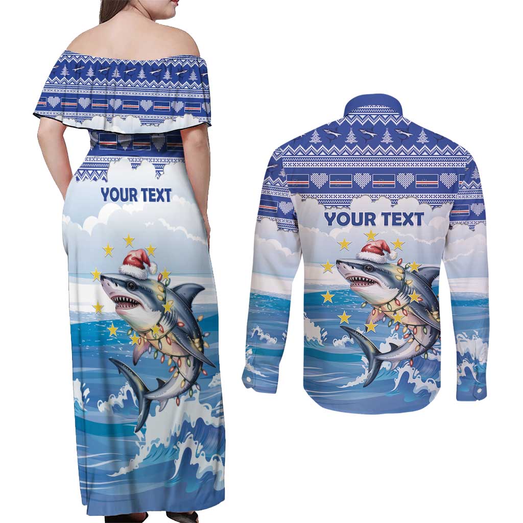 Personalized Cape Verde Football Christmas Couples Matching Off Shoulder Maxi Dress and Long Sleeve Button Shirt Feliz Natal Tubaroes Azuis - Wonder Print Shop