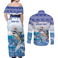 Personalized Cape Verde Football Christmas Couples Matching Off Shoulder Maxi Dress and Long Sleeve Button Shirt Feliz Natal Tubaroes Azuis - Wonder Print Shop