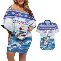 Personalized Cape Verde Football Christmas Couples Matching Off Shoulder Short Dress and Hawaiian Shirt Feliz Natal Tubaroes Azuis - Wonder Print Shop