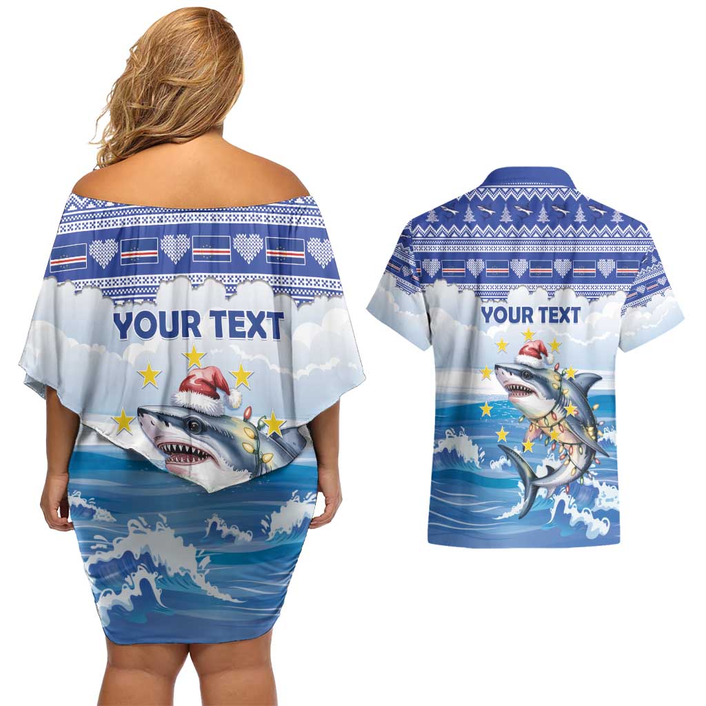 Personalized Cape Verde Football Christmas Couples Matching Off Shoulder Short Dress and Hawaiian Shirt Feliz Natal Tubaroes Azuis - Wonder Print Shop