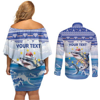 Personalized Cape Verde Football Christmas Couples Matching Off Shoulder Short Dress and Long Sleeve Button Shirt Feliz Natal Tubaroes Azuis - Wonder Print Shop