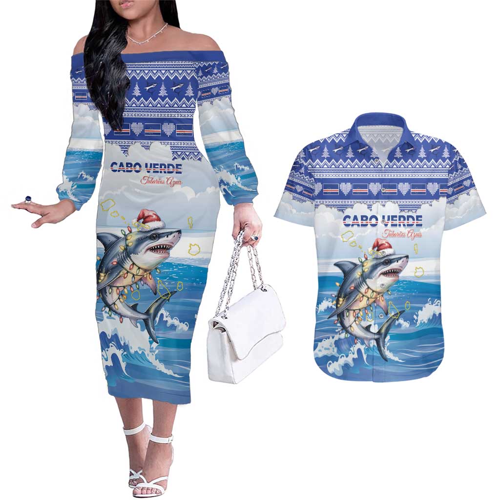 Personalized Cape Verde Football Christmas Couples Matching Off The Shoulder Long Sleeve Dress and Hawaiian Shirt Feliz Natal Tubaroes Azuis - Wonder Print Shop