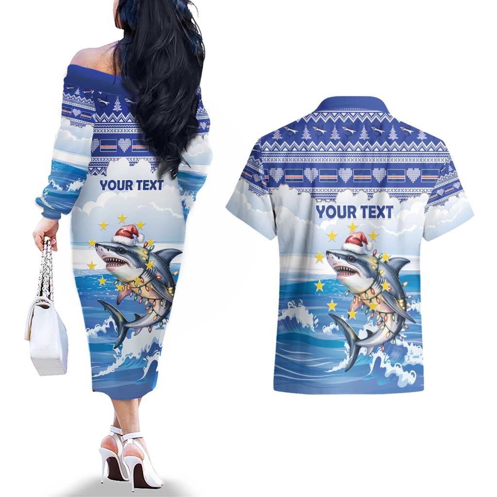Personalized Cape Verde Football Christmas Couples Matching Off The Shoulder Long Sleeve Dress and Hawaiian Shirt Feliz Natal Tubaroes Azuis - Wonder Print Shop