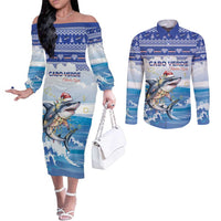Personalized Cape Verde Football Christmas Couples Matching Off The Shoulder Long Sleeve Dress and Long Sleeve Button Shirt Feliz Natal Tubaroes Azuis - Wonder Print Shop